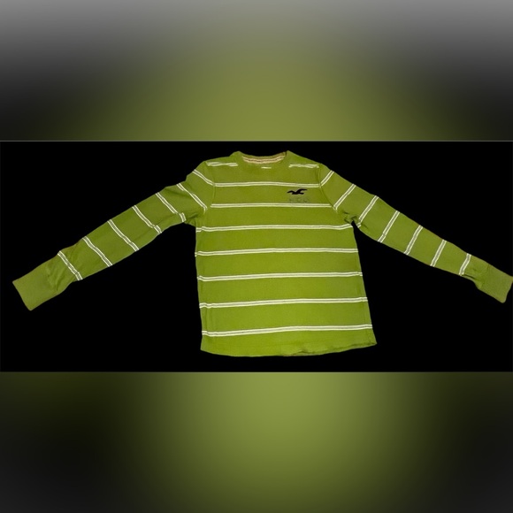 Hollister Shirt Adult Medium Green Striped Logo Long Sleeve Pullover Tee Mens - Picture 1 of 9